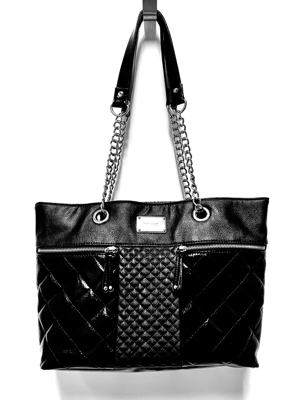 Nine West Quilted Tote Bag Double Chain Strap Patent Black Office Chic Career
